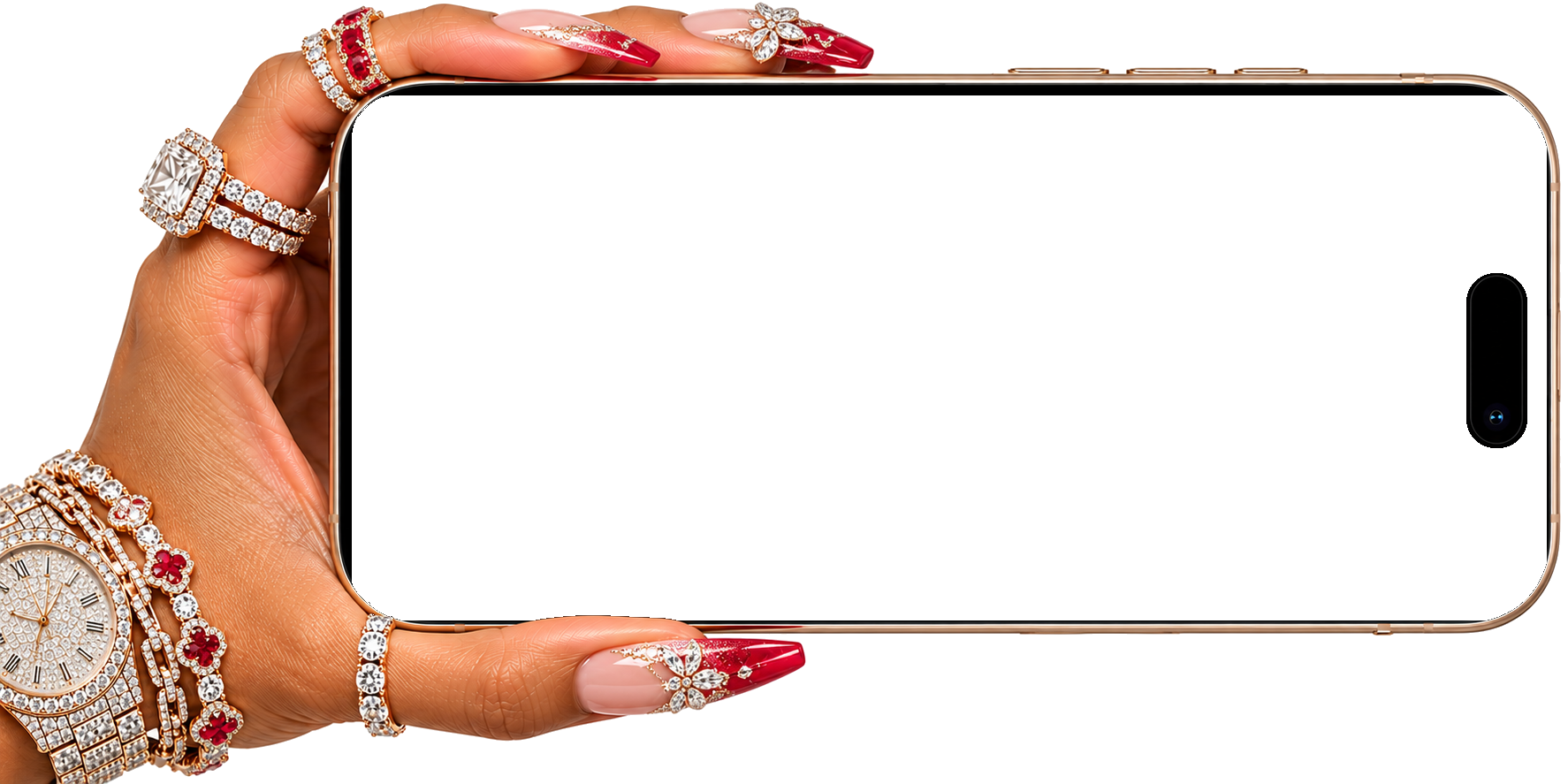 A jeweled hand holding a wide smartphone with Bigwork’s promo recap playing on its screen